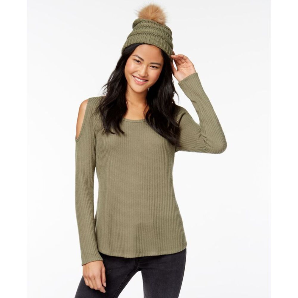 Self E Juniors Waffle Knit Cold Shoulder Top Faux Fur Trimmed Beanie